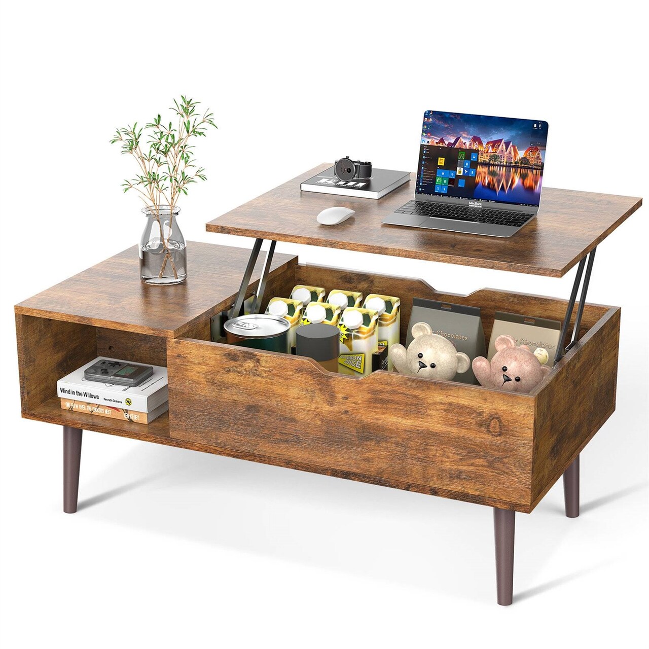 Modern Brown Wooden Lift-Top Coffee Table with Hidden Storage and Open Shelf for Living Room